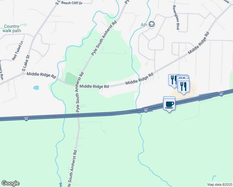 map of restaurants, bars, coffee shops, grocery stores, and more near 47225 Middle Ridge Road in Amherst