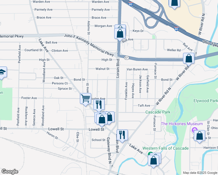 map of restaurants, bars, coffee shops, grocery stores, and more near 131 Madison Street in Elyria