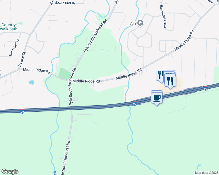 map of restaurants, bars, coffee shops, grocery stores, and more near 47225 Middle Ridge Road in Amherst