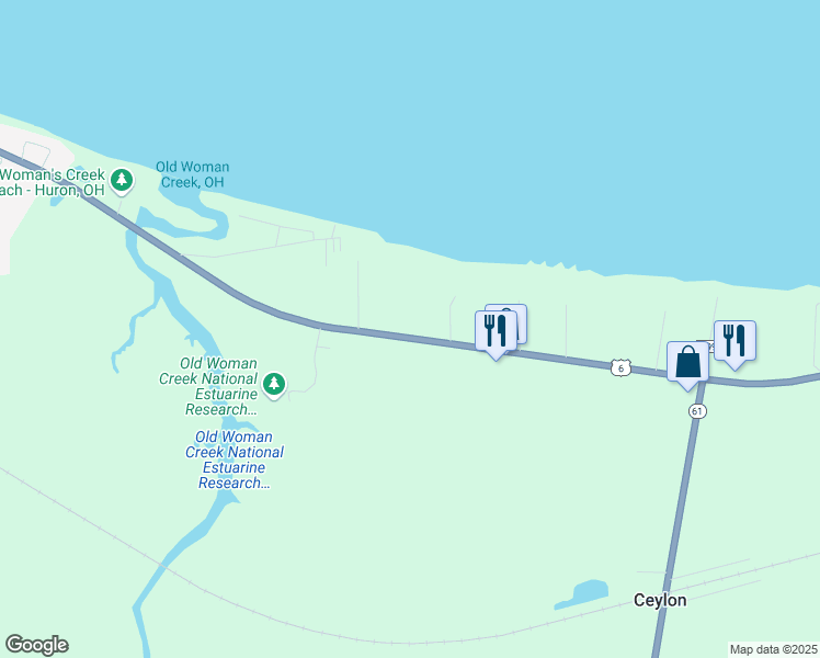 map of restaurants, bars, coffee shops, grocery stores, and more near 2623 Cleveland Road East in Huron