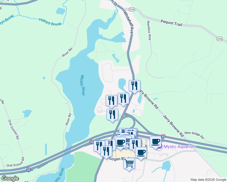 map of restaurants, bars, coffee shops, grocery stores, and more near 20 Michelle Lane in Stonington