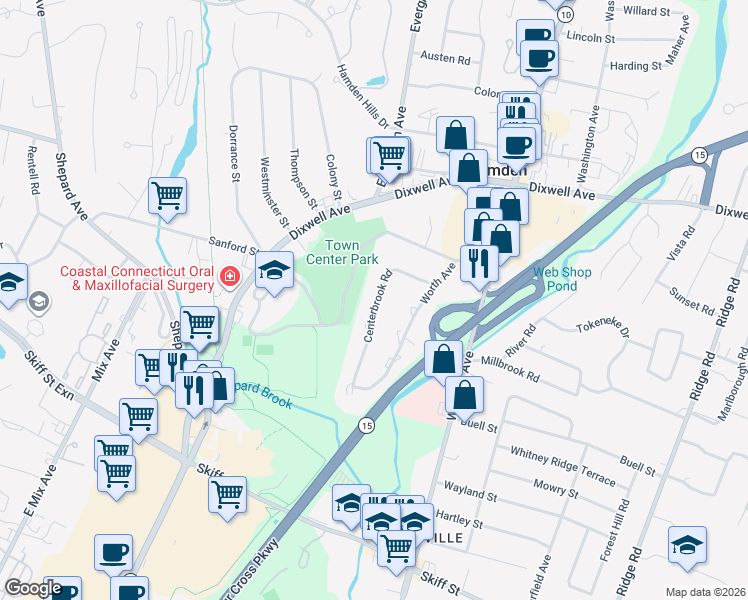 map of restaurants, bars, coffee shops, grocery stores, and more near 142 Centerbrook Road in Hamden