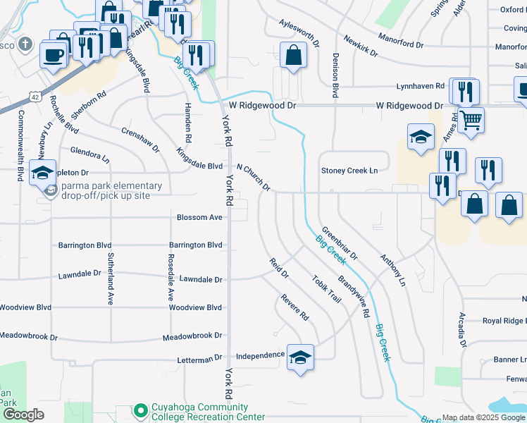 map of restaurants, bars, coffee shops, grocery stores, and more near 6781 Reid Drive in Parma Heights