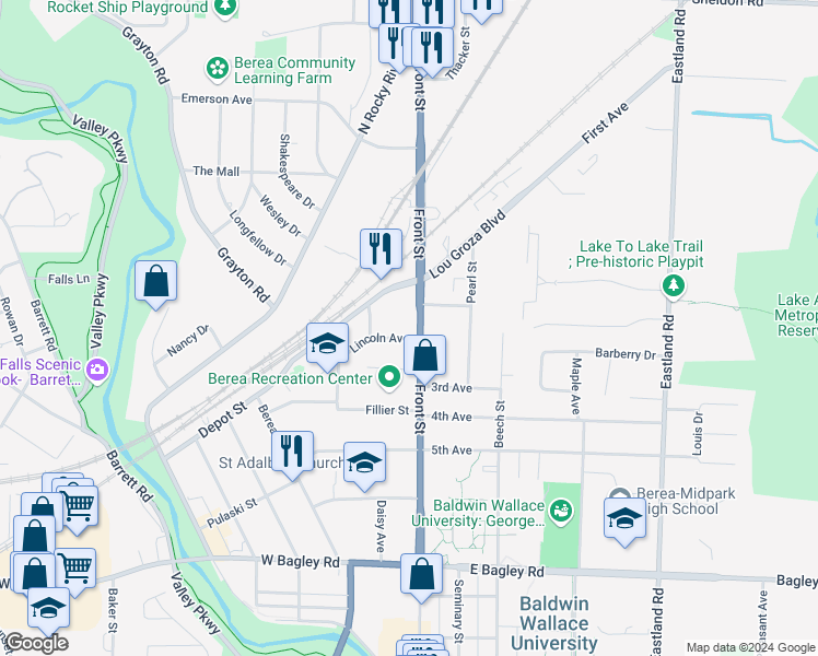 map of restaurants, bars, coffee shops, grocery stores, and more near 501 Front Street in Berea