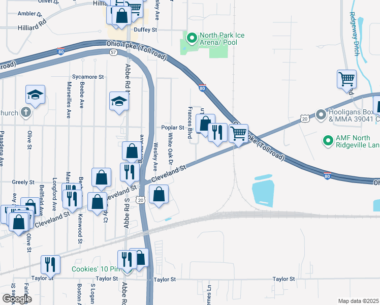 map of restaurants, bars, coffee shops, grocery stores, and more near 880 Cleveland Street in Elyria