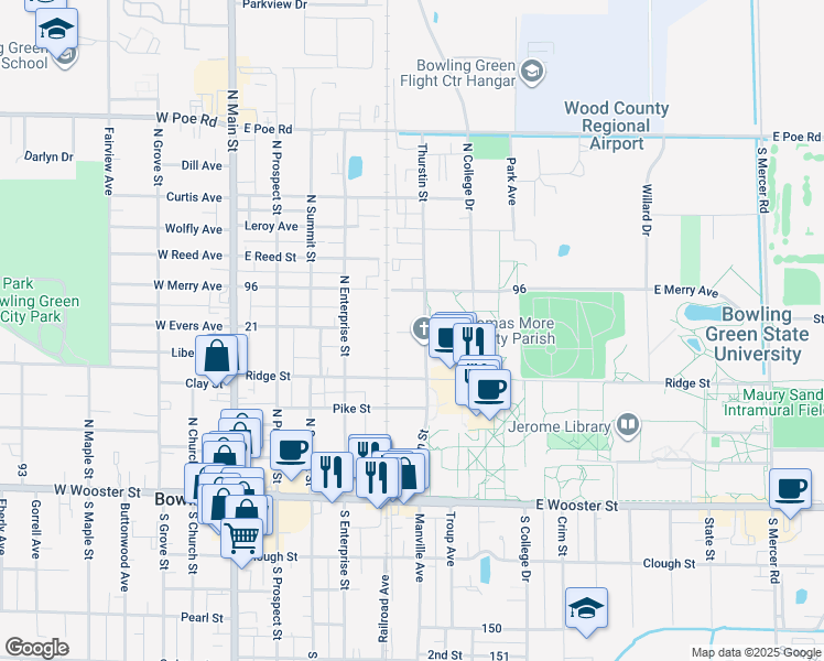 map of restaurants, bars, coffee shops, grocery stores, and more near 433 Thurstin Street in Bowling Green