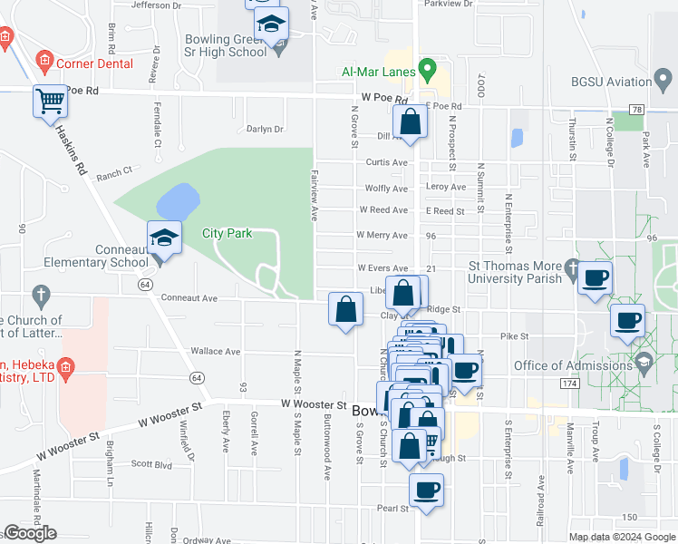 map of restaurants, bars, coffee shops, grocery stores, and more near 319 West Evers Avenue in Bowling Green