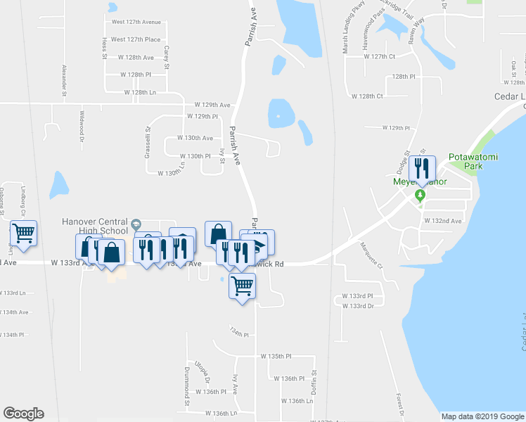 map of restaurants, bars, coffee shops, grocery stores, and more near 13131 Parrish Avenue in Cedar Lake