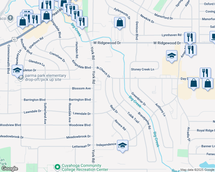 map of restaurants, bars, coffee shops, grocery stores, and more near 6781 Reid Drive in Parma Heights
