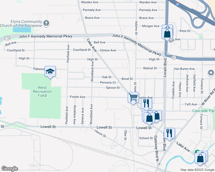 map of restaurants, bars, coffee shops, grocery stores, and more near 153 Spruce Street in Elyria