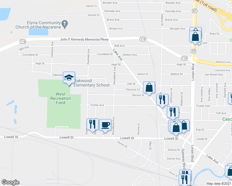 map of restaurants, bars, coffee shops, grocery stores, and more near 193 Spruce Street in Elyria