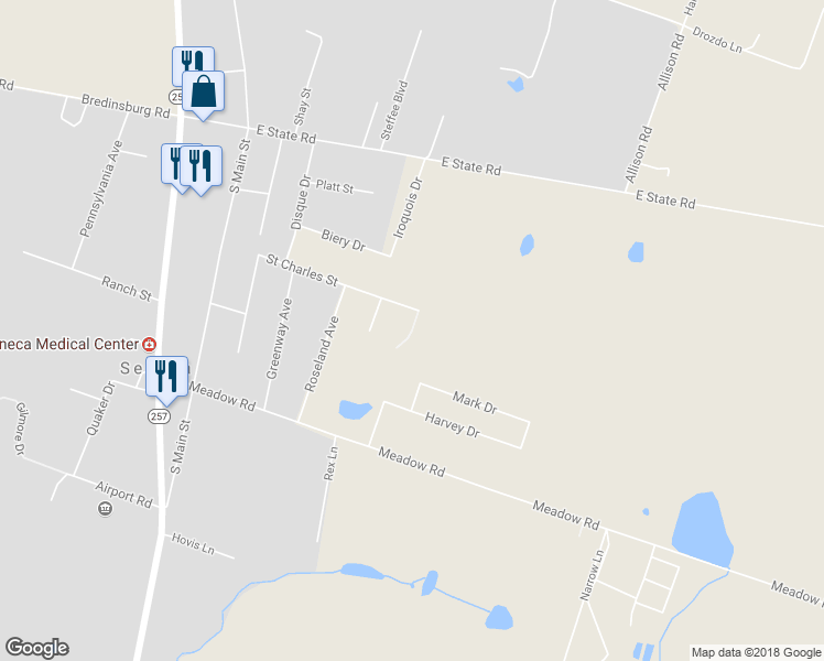 map of restaurants, bars, coffee shops, grocery stores, and more near 100 Seneca Woods Drive in Seneca