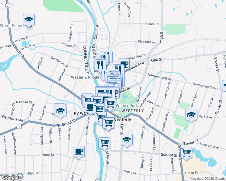 map of restaurants, bars, coffee shops, grocery stores, and more near 4 Canal Street in Westerly