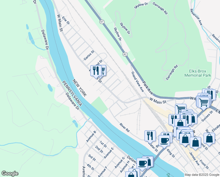 map of restaurants, bars, coffee shops, grocery stores, and more near 165 West Main Street in Port Jervis