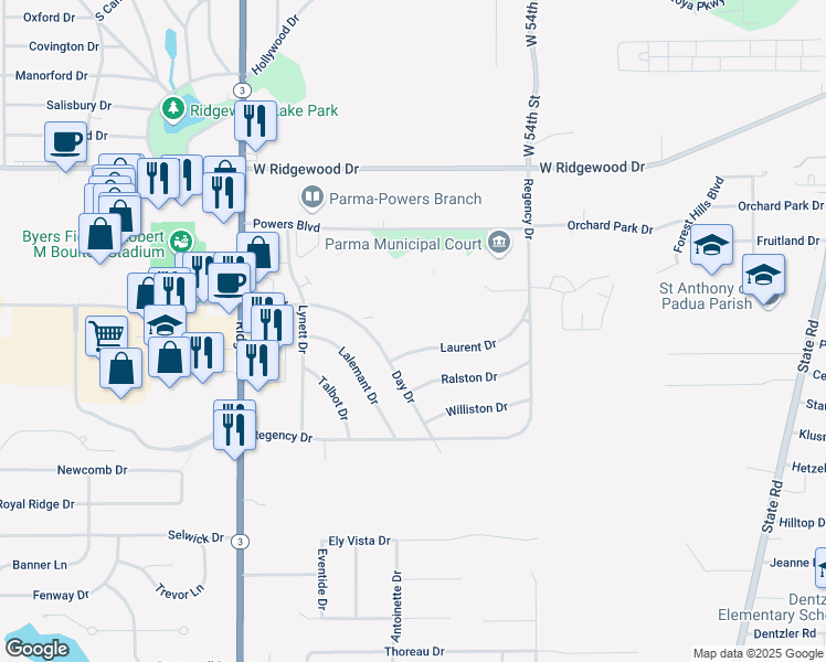map of restaurants, bars, coffee shops, grocery stores, and more near 6100 Laurent Drive in Parma