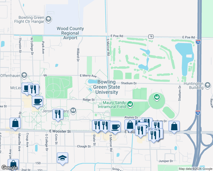 map of restaurants, bars, coffee shops, grocery stores, and more near University Lane in Bowling Green