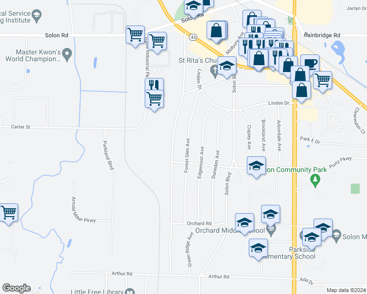 map of restaurants, bars, coffee shops, grocery stores, and more near 6618 Forest Glen Avenue in Solon
