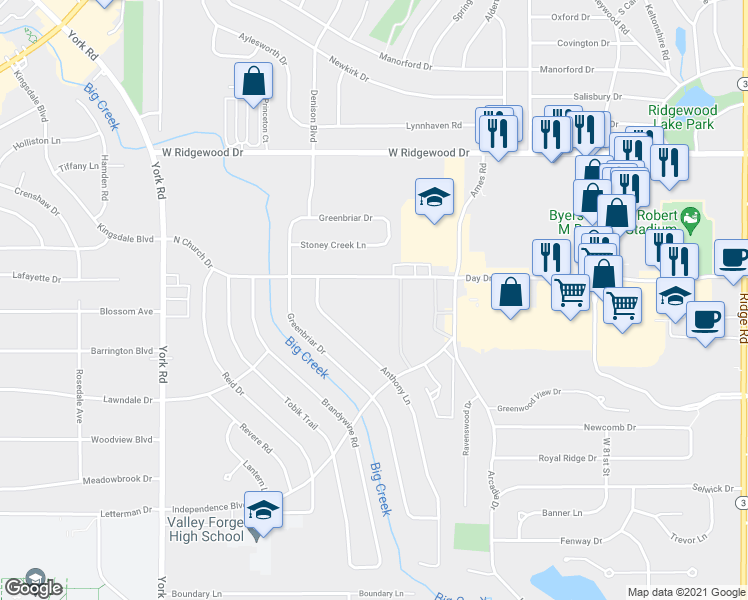 map of restaurants, bars, coffee shops, grocery stores, and more near 9170B North Church Drive in Parma Heights