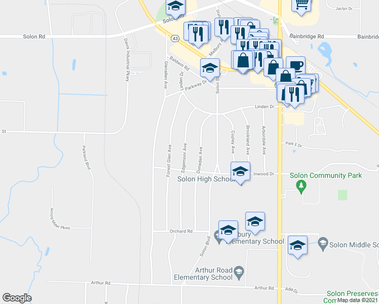 map of restaurants, bars, coffee shops, grocery stores, and more near 6603 Edgemoor Avenue in Solon