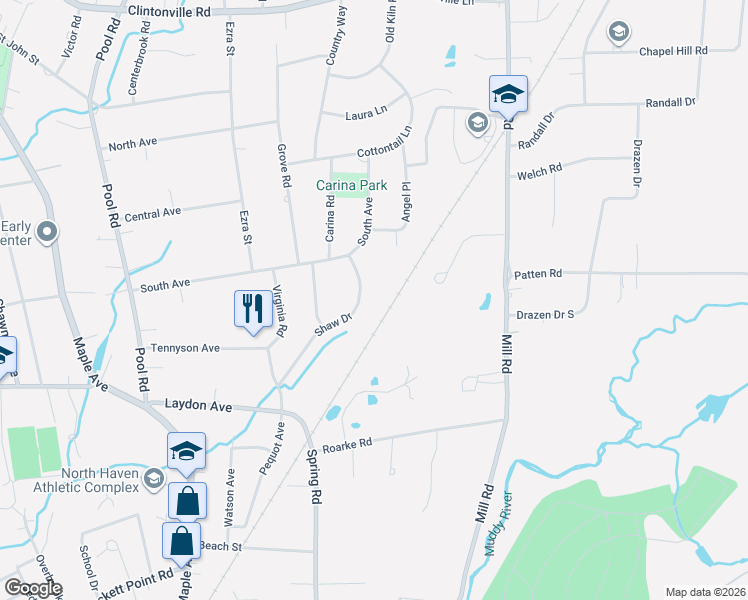 map of restaurants, bars, coffee shops, grocery stores, and more near 54 Shaw Drive in North Haven