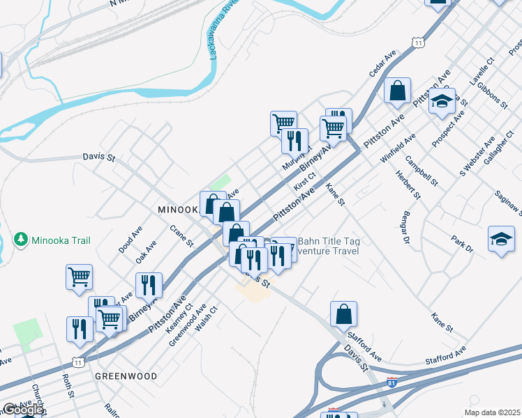 map of restaurants, bars, coffee shops, grocery stores, and more near 2907 Birney Avenue in Scranton