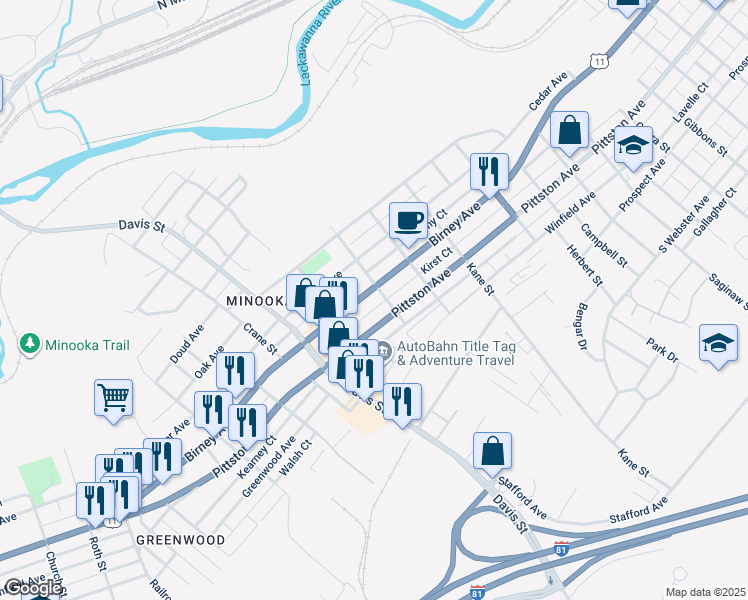 map of restaurants, bars, coffee shops, grocery stores, and more near 2907 Birney Avenue in Scranton