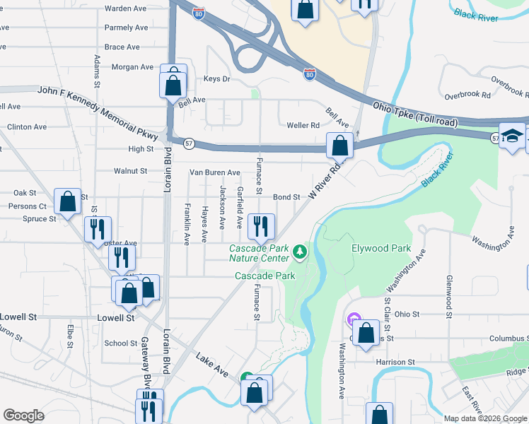 map of restaurants, bars, coffee shops, grocery stores, and more near 552 Furnace Street in Elyria