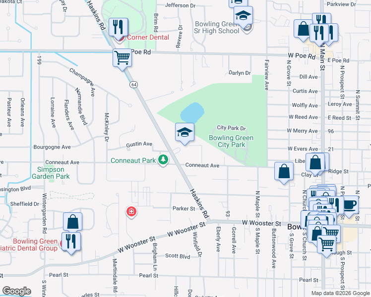 map of restaurants, bars, coffee shops, grocery stores, and more near 542 Haskins Road in Bowling Green