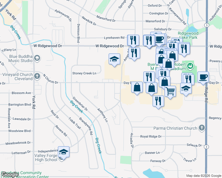 map of restaurants, bars, coffee shops, grocery stores, and more near 9120A North Church Drive in Parma Heights