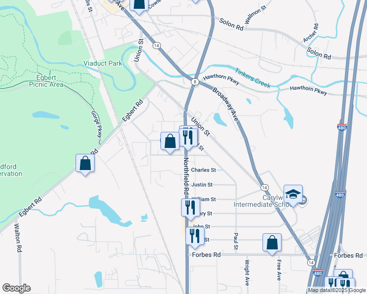 map of restaurants, bars, coffee shops, grocery stores, and more near 74 Northfield Road in Bedford