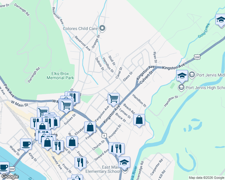 map of restaurants, bars, coffee shops, grocery stores, and more near 59 Canal Street in Port Jervis
