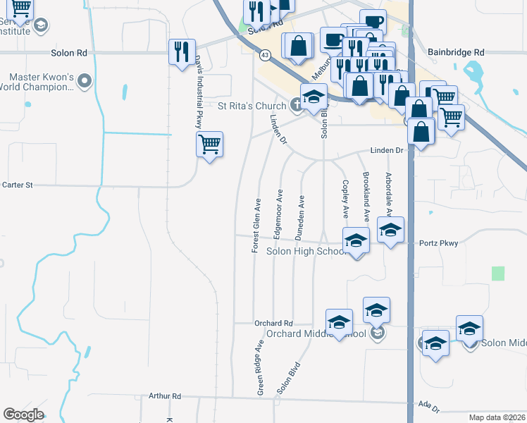 map of restaurants, bars, coffee shops, grocery stores, and more near 6615 Forest Glen Avenue in Solon