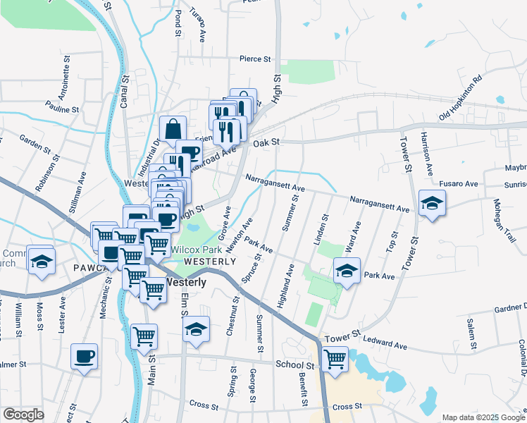 map of restaurants, bars, coffee shops, grocery stores, and more near 36 Newton Avenue in Westerly
