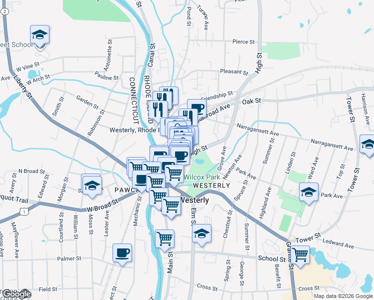 map of restaurants, bars, coffee shops, grocery stores, and more near 4 Alba Inn Road in Westerly