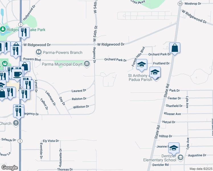 map of restaurants, bars, coffee shops, grocery stores, and more near 6813 Rolling Meadow Drive in Cleveland