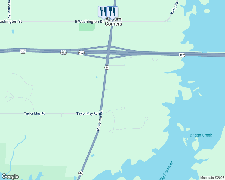 map of restaurants, bars, coffee shops, grocery stores, and more near 18017 Ravenna Road in Chagrin Falls