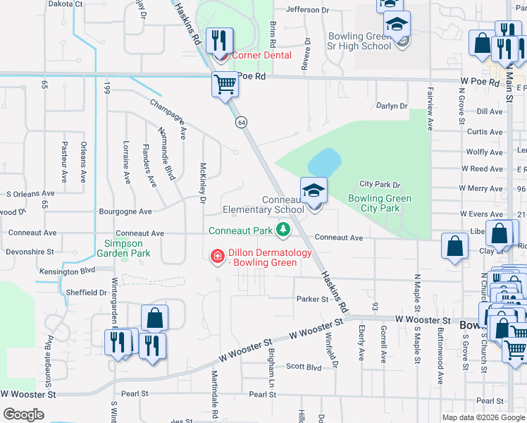map of restaurants, bars, coffee shops, grocery stores, and more near 1000 Gustin Avenue in Bowling Green