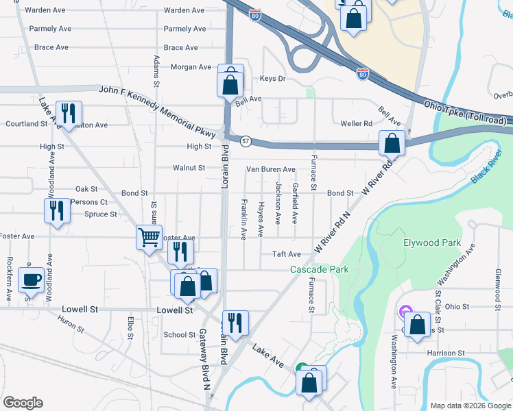 map of restaurants, bars, coffee shops, grocery stores, and more near 240 Hayes Avenue in Elyria