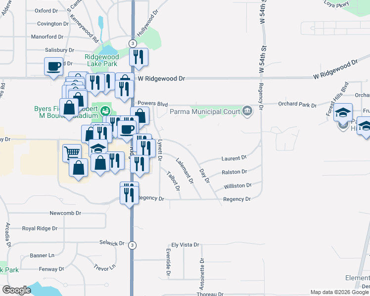 map of restaurants, bars, coffee shops, grocery stores, and more near 6841 Day Drive in Cleveland