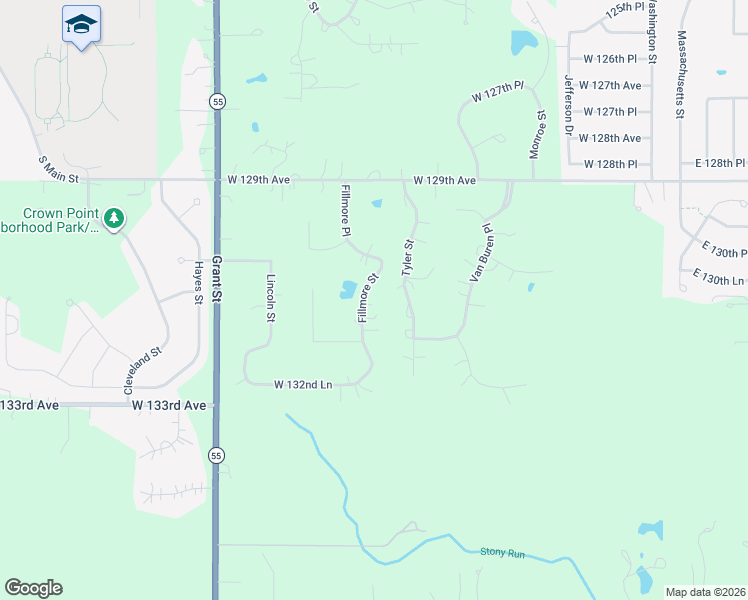map of restaurants, bars, coffee shops, grocery stores, and more near 13105 Fillmore Street in Crown Point