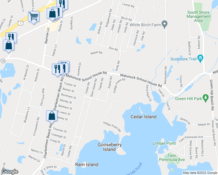 map of restaurants, bars, coffee shops, grocery stores, and more near 51 Aspen Road in South Kingstown