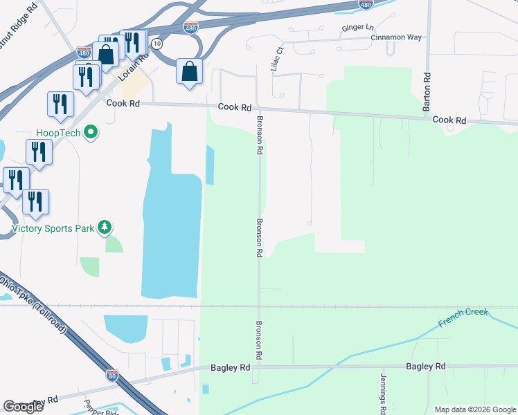 map of restaurants, bars, coffee shops, grocery stores, and more near 7630 Bronson Road in Cuyahoga County