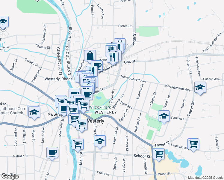map of restaurants, bars, coffee shops, grocery stores, and more near 45 Grove Avenue in Westerly
