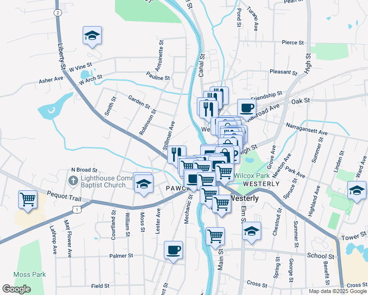 map of restaurants, bars, coffee shops, grocery stores, and more near 27 Noyes Avenue in Stonington