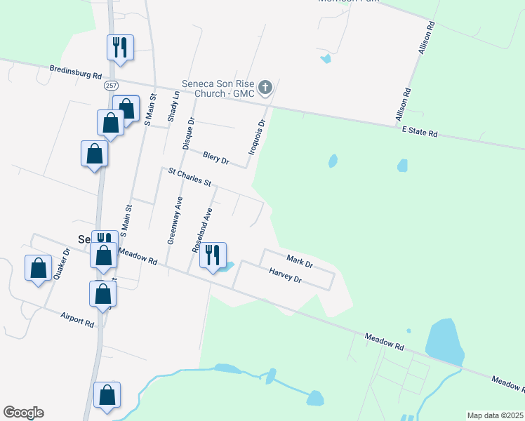 map of restaurants, bars, coffee shops, grocery stores, and more near 215 Saint Charles Street in Seneca