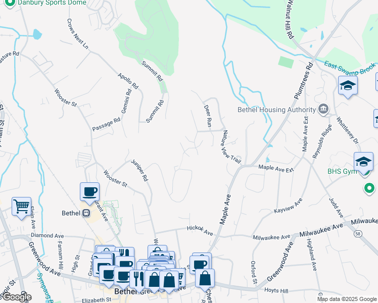 map of restaurants, bars, coffee shops, grocery stores, and more near 38 Idlewood in Bethel
