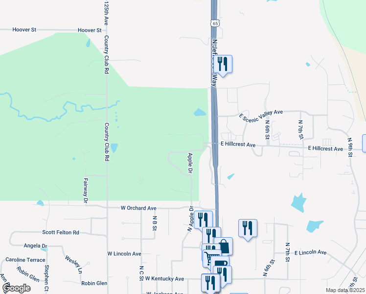 map of restaurants, bars, coffee shops, grocery stores, and more near 117 West Hillcrest Drive in Indianola