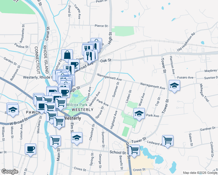 map of restaurants, bars, coffee shops, grocery stores, and more near 36 Spruce Street in Westerly