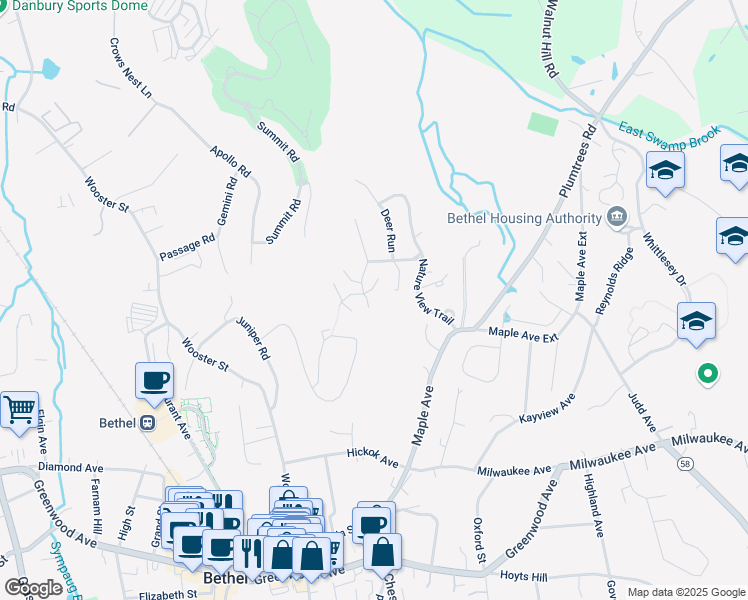 map of restaurants, bars, coffee shops, grocery stores, and more near 21 Idlewood in Bethel