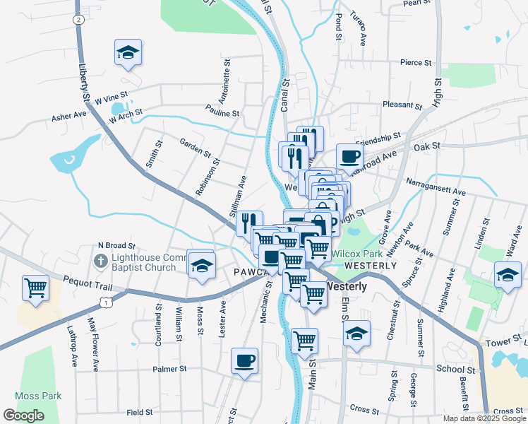 map of restaurants, bars, coffee shops, grocery stores, and more near 27 Noyes Ave in Stonington